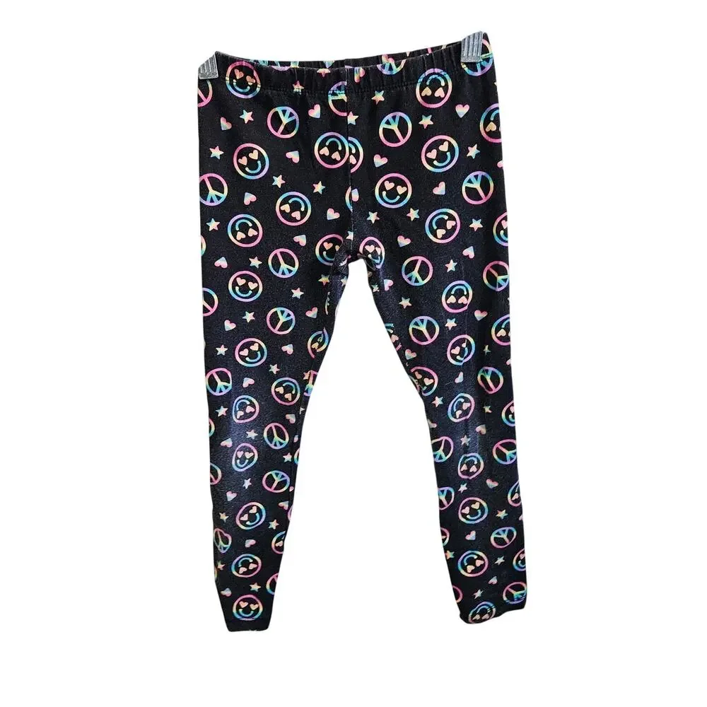 Children's Place Girls Size M Leggings Black Neon Rainbow Emoji Stars Peace Sign